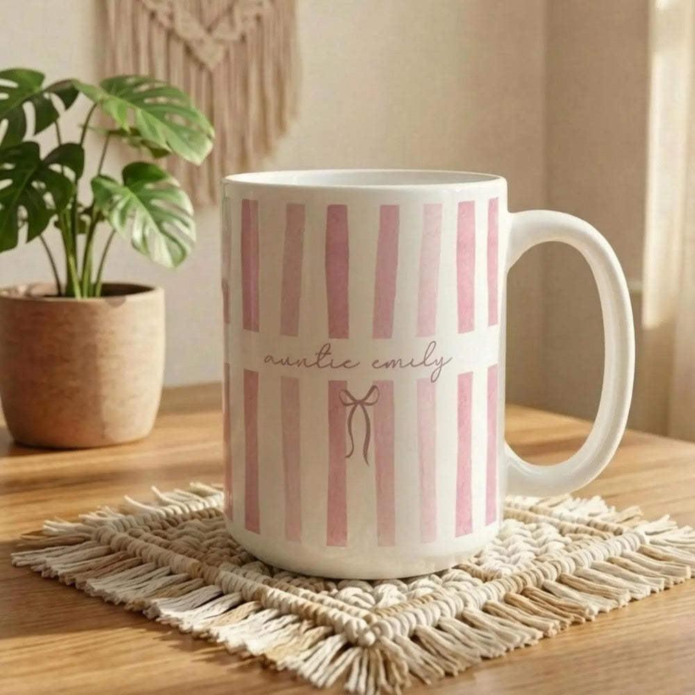 Custom Name Auntie Mug, Baby Announcement Gift For Aunt, Stripe Coffee Cup, Personalized Pregnancy Reveal, New Aunt Gift Idea, Custom Gifts