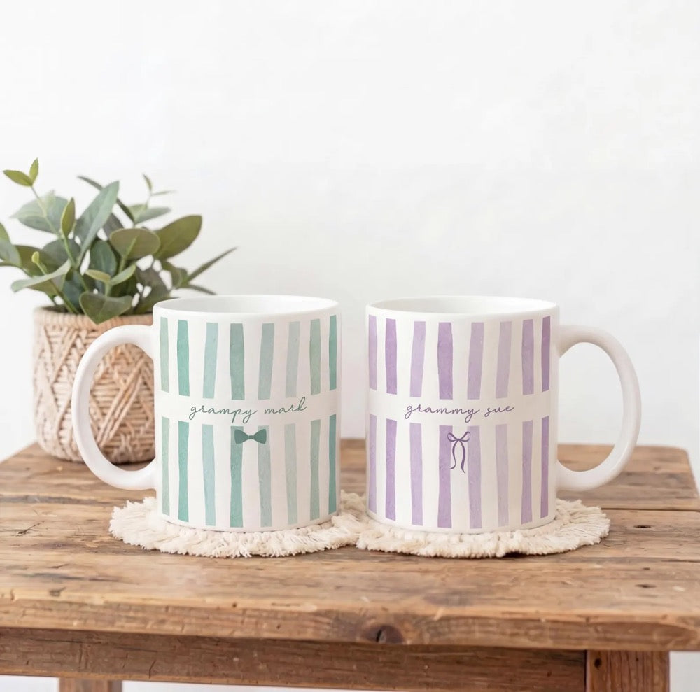 Custom Grandma and Grandpa Mug, Custom Nana Name Stripe Coffee Cup, Baby Announcement Gift for New Grandparents, Grammy Grampy Gifts
