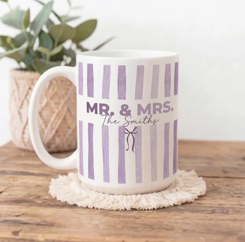 Custom Mr and Mrs Mug, Personalized Stripe Bride To Be Coffee Cup, Engagement Gift For Bride, Wedding Mugs For Couple