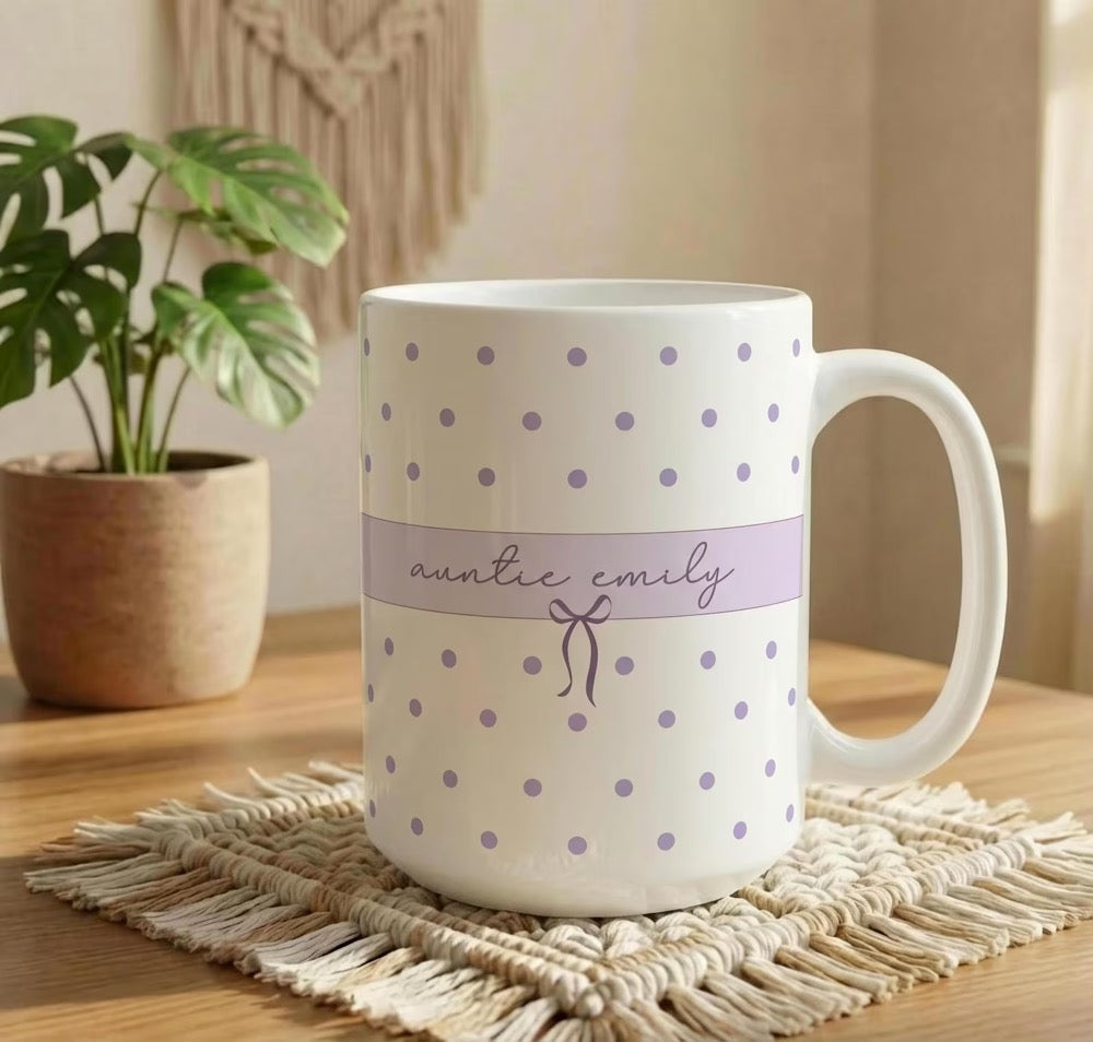 Custom Name Auntie Mug, Baby Announcement Gift For Aunt, Polka Dot Stripe Coffee Cup, Personalized Pregnancy Reveal, New Aunt, Custom Gifts