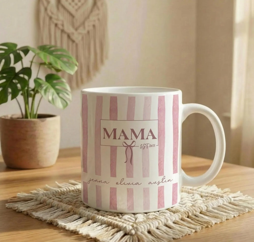 Custom Kids Names Mama Mug, Mothers Day Gift, Stripe Coffee Cup, Personalized Present for Mom, New Mom Gift, First Time Moms, Custom Gifts