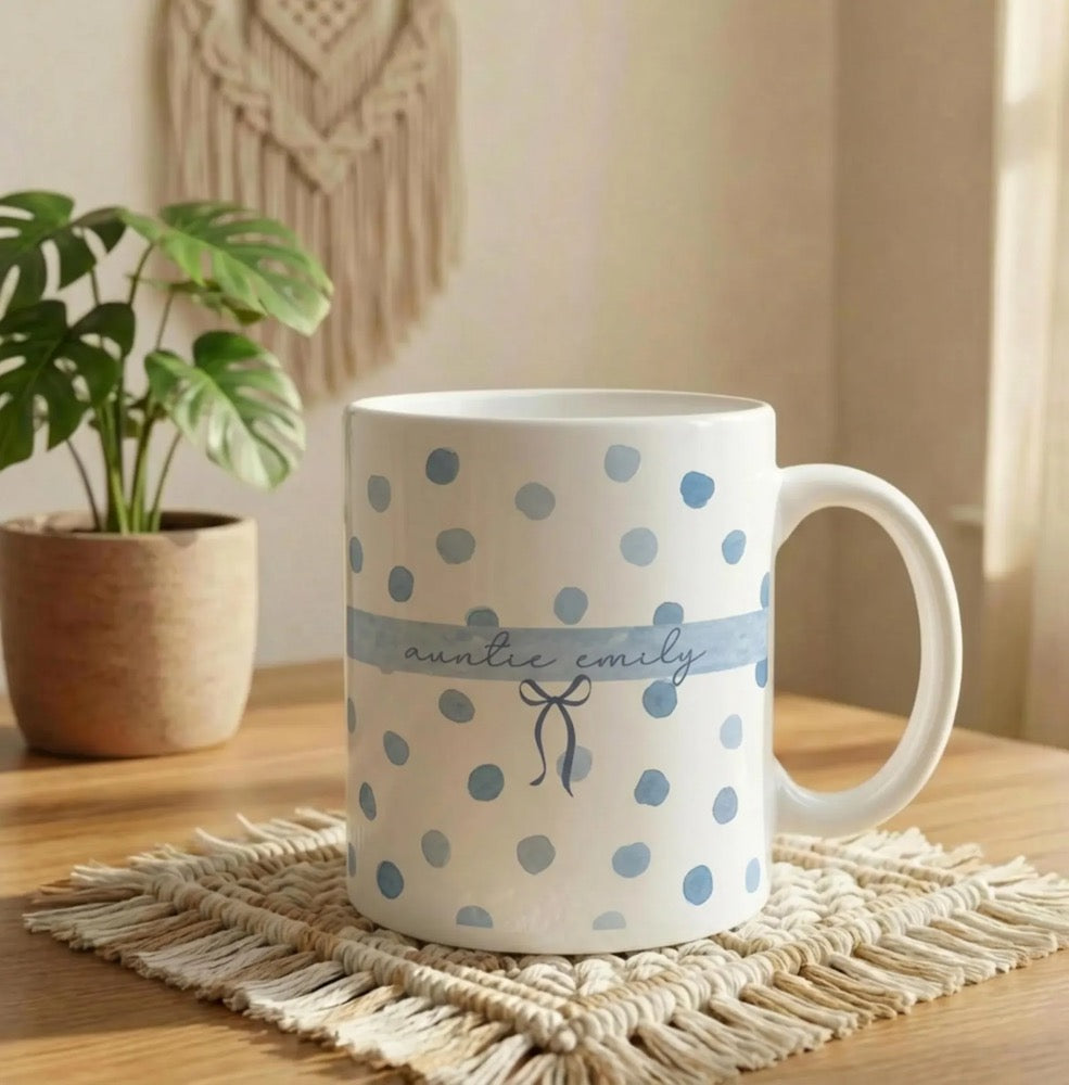 Custom Name Auntie Mug, Baby Announcement Gift For Aunt, Polka Dot Stripe Coffee Cup, Personalized Pregnancy Reveal, New Aunt, Custom Gifts