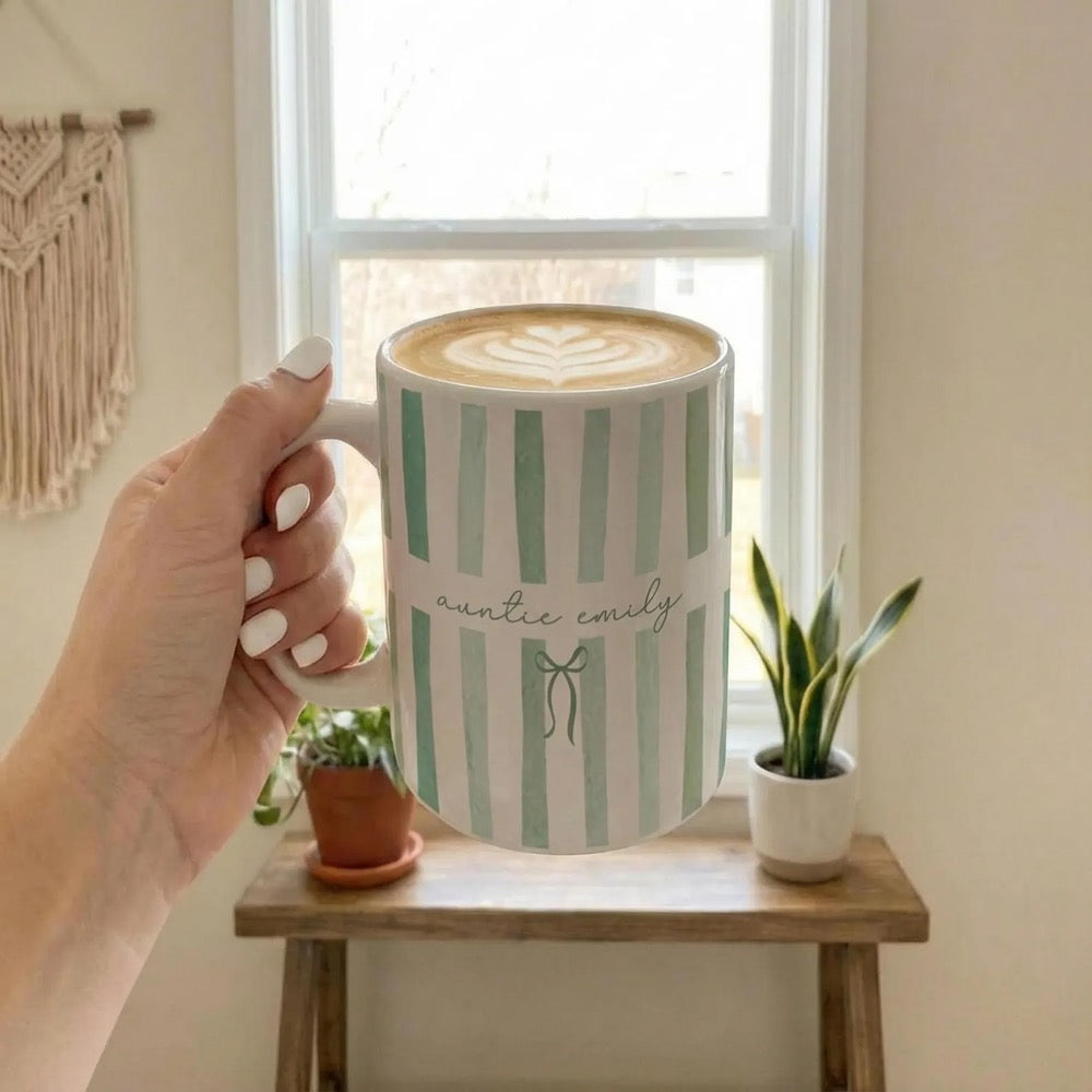 Custom Name Auntie Mug, Baby Announcement Gift For Aunt, Stripe Coffee Cup, Personalized Pregnancy Reveal, New Aunt Gift Idea, Custom Gifts