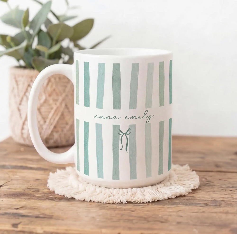 Custom Grandma and Grandpa Mug, Custom Nana Name Stripe Coffee Cup, Baby Announcement Gift for New Grandparents, Grammy Grampy Gifts