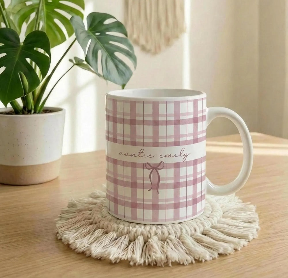 Custom Name Auntie Mug, Baby Announcement Gift For Aunt, Gingham Stripe Coffee Cup, Personalized Pregnancy Reveal, New Aunt, Custom Gifts