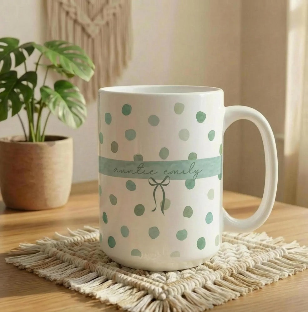 Custom Name Auntie Mug, Baby Announcement Gift For Aunt, Polka Dot Stripe Coffee Cup, Personalized Pregnancy Reveal, New Aunt, Custom Gifts