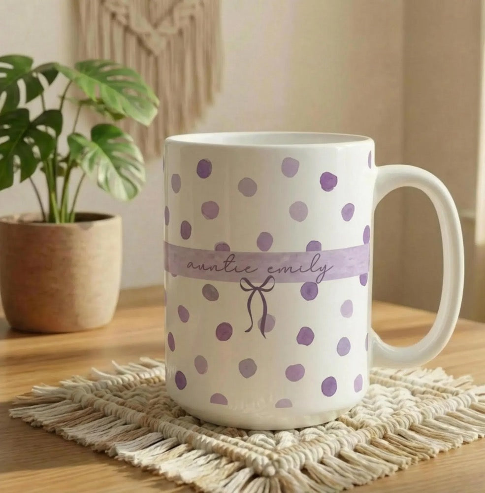 Custom Name Auntie Mug, Baby Announcement Gift For Aunt, Polka Dot Stripe Coffee Cup, Personalized Pregnancy Reveal, New Aunt, Custom Gifts