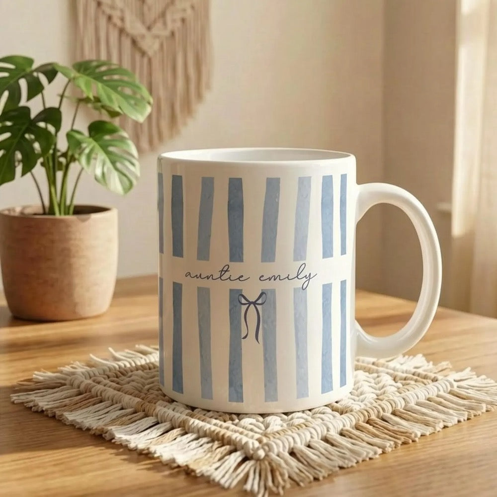 Custom Name Auntie Mug, Baby Announcement Gift For Aunt, Stripe Coffee Cup, Personalized Pregnancy Reveal, New Aunt Gift Idea, Custom Gifts
