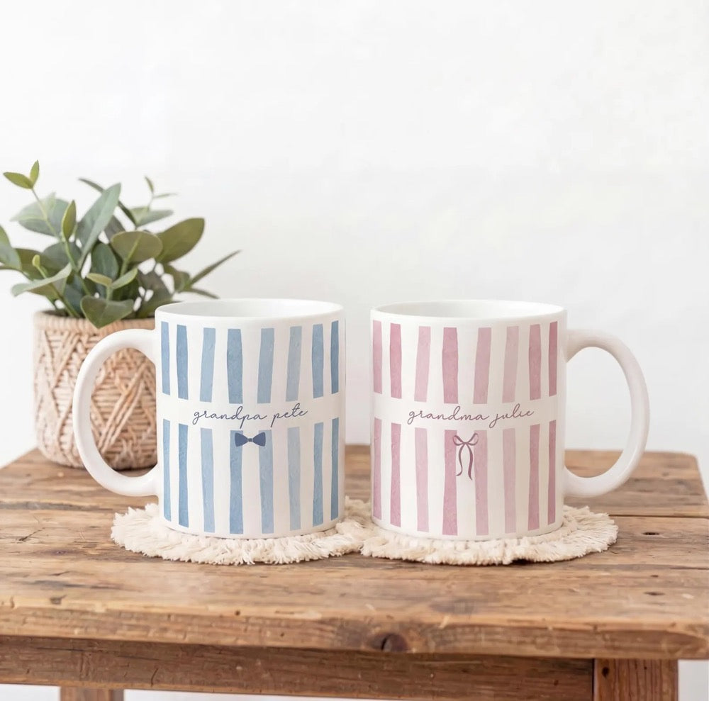 Custom Grandma and Grandpa Mug, Custom Nana Name Stripe Coffee Cup, Baby Announcement Gift for New Grandparents, Grammy Grampy Gifts