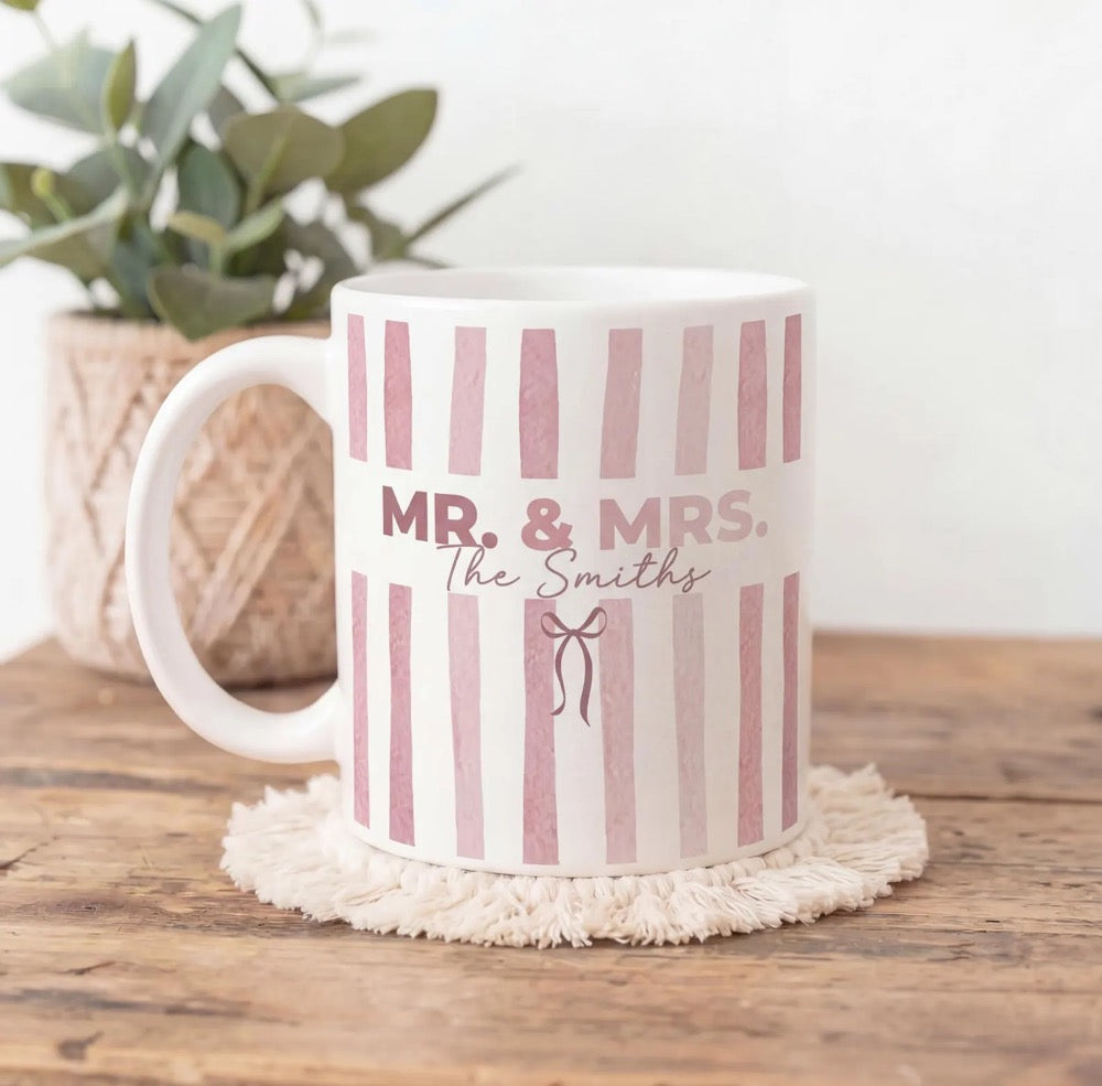 Custom Mr and Mrs Mug, Personalized Stripe Bride To Be Coffee Cup, Engagement Gift For Bride, Wedding Mugs For Couple
