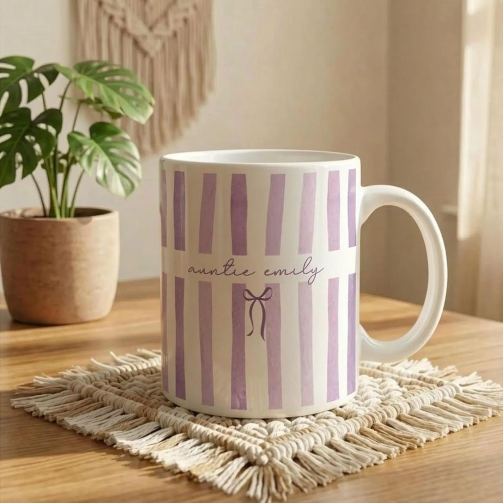 Custom Name Auntie Mug, Baby Announcement Gift For Aunt, Stripe Coffee Cup, Personalized Pregnancy Reveal, New Aunt Gift Idea, Custom Gifts