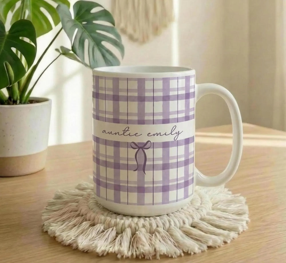 Custom Name Auntie Mug, Baby Announcement Gift For Aunt, Gingham Stripe Coffee Cup, Personalized Pregnancy Reveal, New Aunt, Custom Gifts
