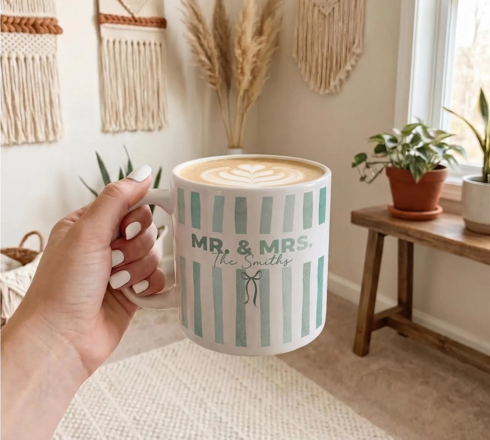 Custom Mr and Mrs Mug, Personalized Stripe Bride To Be Coffee Cup, Engagement Gift For Bride, Wedding Mugs For Couple