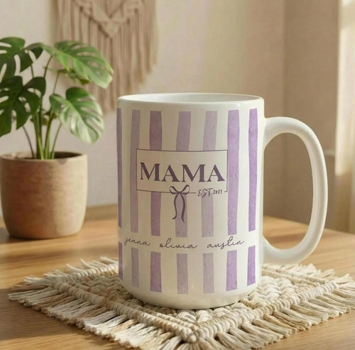 Custom Kids Names Mama Mug, Mothers Day Gift, Stripe Coffee Cup, Personalized Present for Mom, New Mom Gift, First Time Moms, Custom Gifts