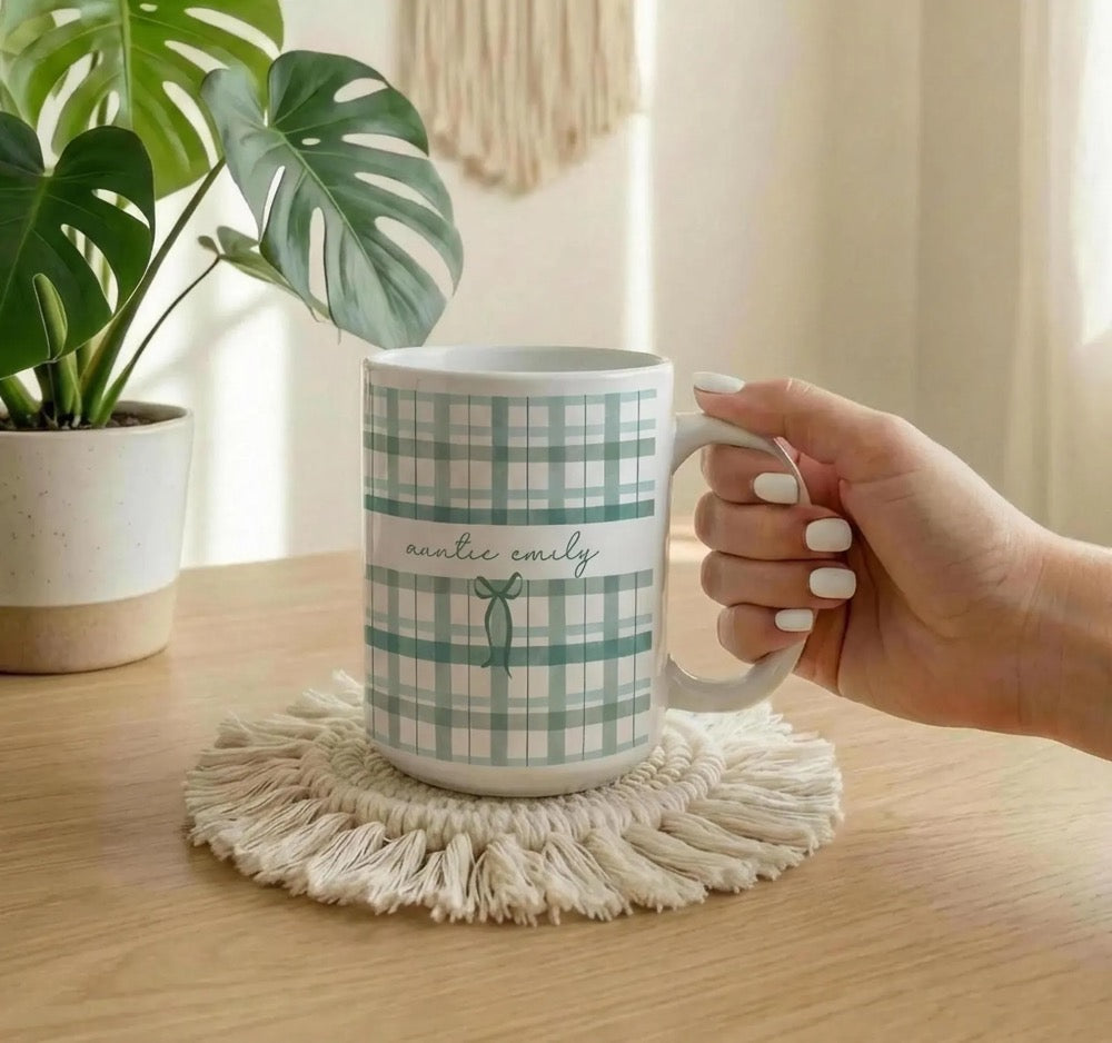 Custom Name Auntie Mug, Baby Announcement Gift For Aunt, Gingham Stripe Coffee Cup, Personalized Pregnancy Reveal, New Aunt, Custom Gifts