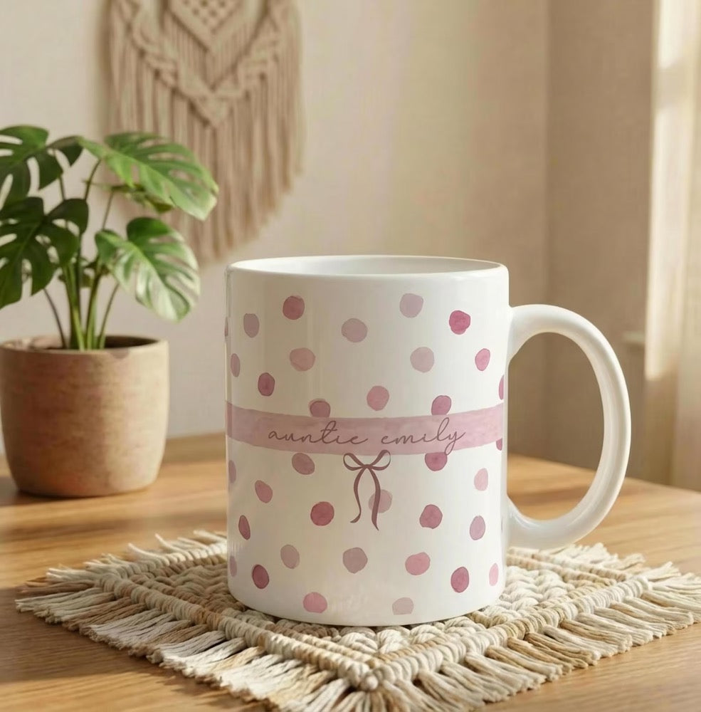 Custom Name Auntie Mug, Baby Announcement Gift For Aunt, Polka Dot Stripe Coffee Cup, Personalized Pregnancy Reveal, New Aunt, Custom Gifts