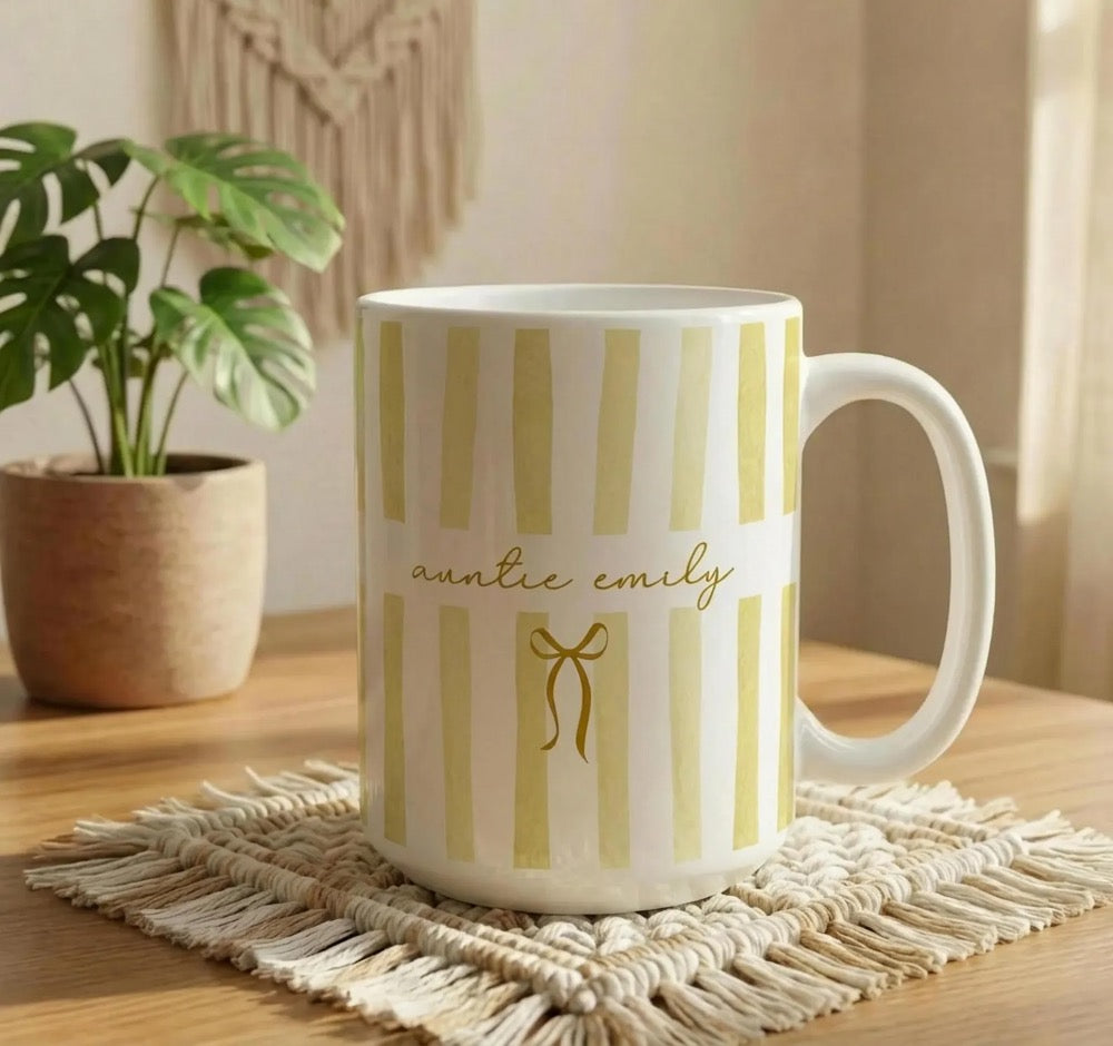 Custom Name Auntie Mug, Baby Announcement Gift For Aunt, Stripe Coffee Cup, Personalized Pregnancy Reveal, New Aunt Gift Idea, Custom Gifts