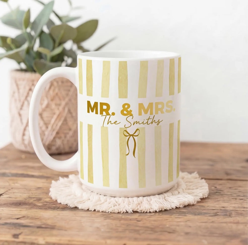 Custom Mr and Mrs Mug, Personalized Stripe Bride To Be Coffee Cup, Engagement Gift For Bride, Wedding Mugs For Couple