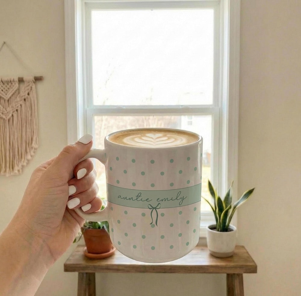 Custom Name Auntie Mug, Baby Announcement Gift For Aunt, Polka Dot Stripe Coffee Cup, Personalized Pregnancy Reveal, New Aunt, Custom Gifts