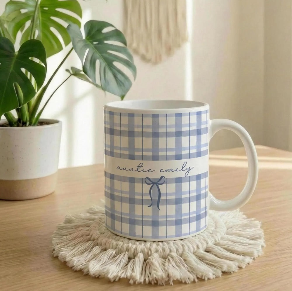 Custom Name Auntie Mug, Baby Announcement Gift For Aunt, Gingham Stripe Coffee Cup, Personalized Pregnancy Reveal, New Aunt, Custom Gifts