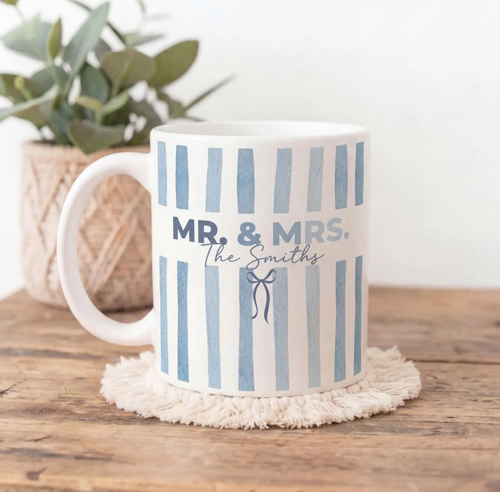 Custom Mr and Mrs Mug, Personalized Stripe Bride To Be Coffee Cup, Engagement Gift For Bride, Wedding Mugs For Couple